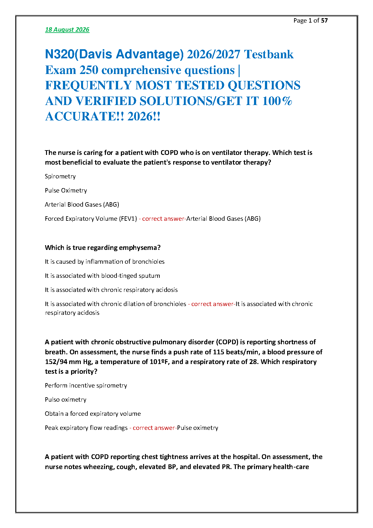 N320 Davis Advantage Test Bank 2026: Respiratory Care Questions