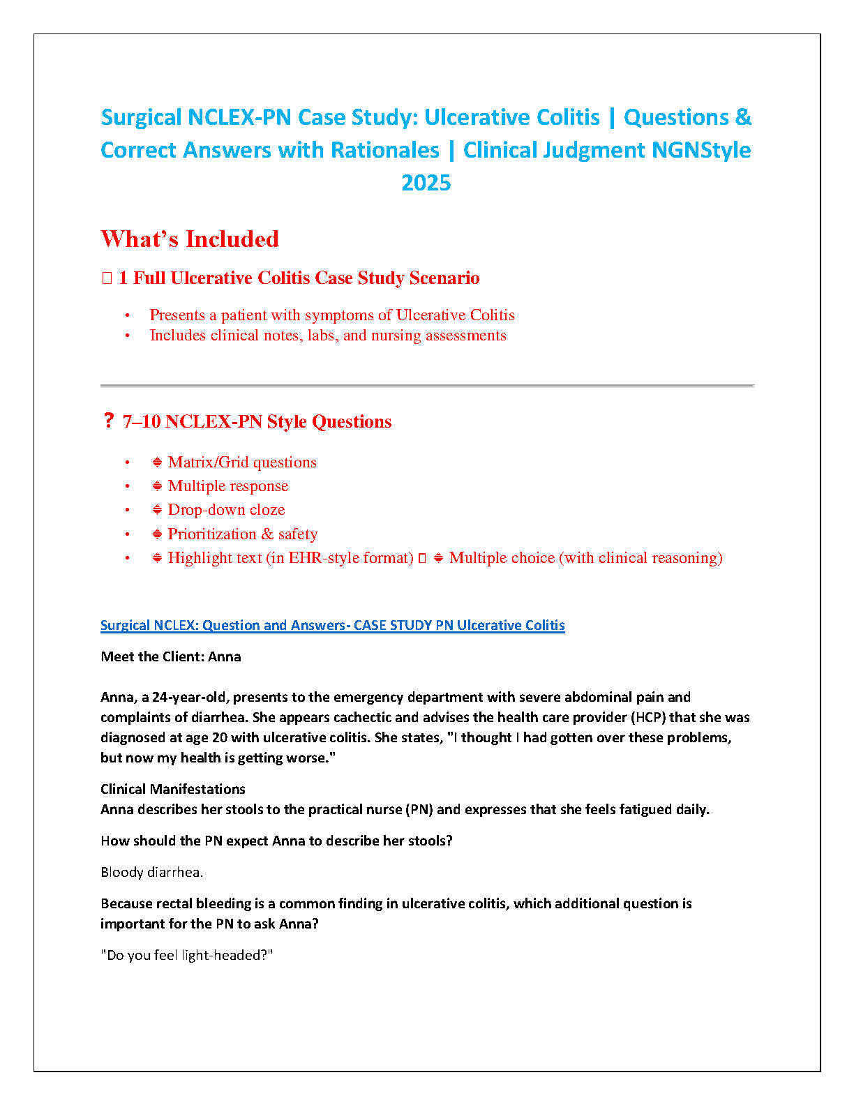 NCLEX-PN NGN Ulcerative Colitis 2027 Practice Questions & Answers