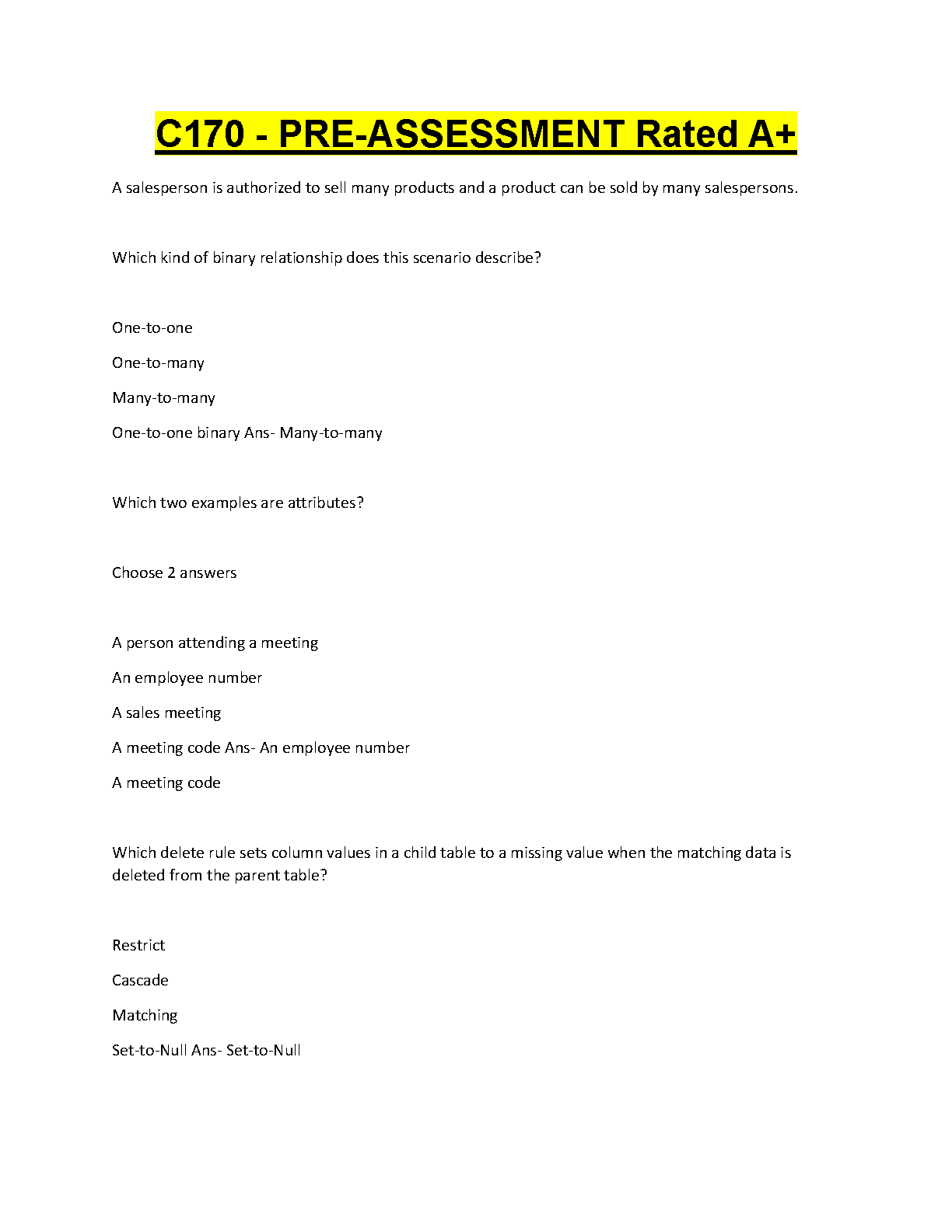 WGU C170 Data Mgmt Applications Pre-Test Questions Answers