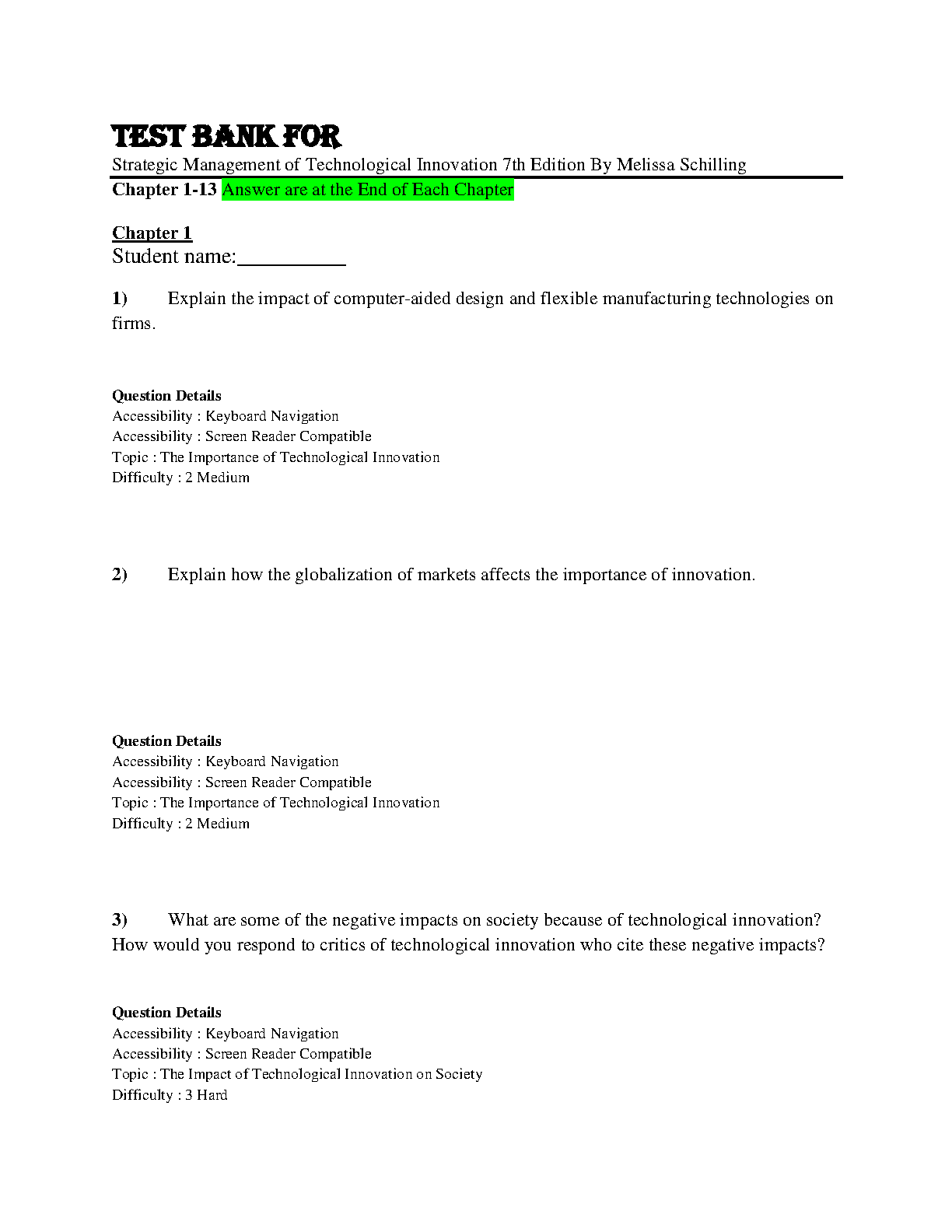 Schilling Strategic Mgmt Innovation Test Bank 2026/2027