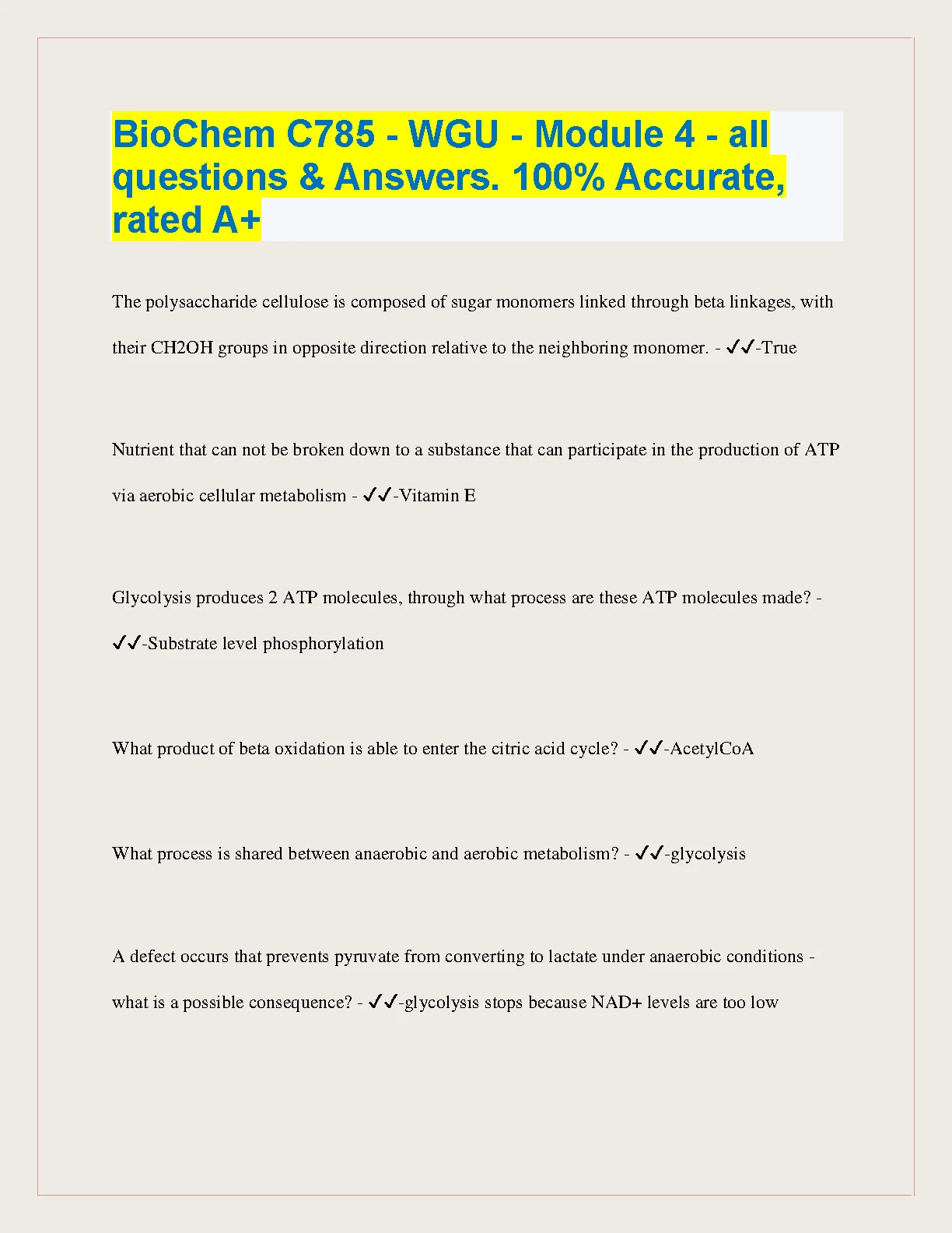 WGU BioChem C785 Module 4 Exam Q&A Study Guide