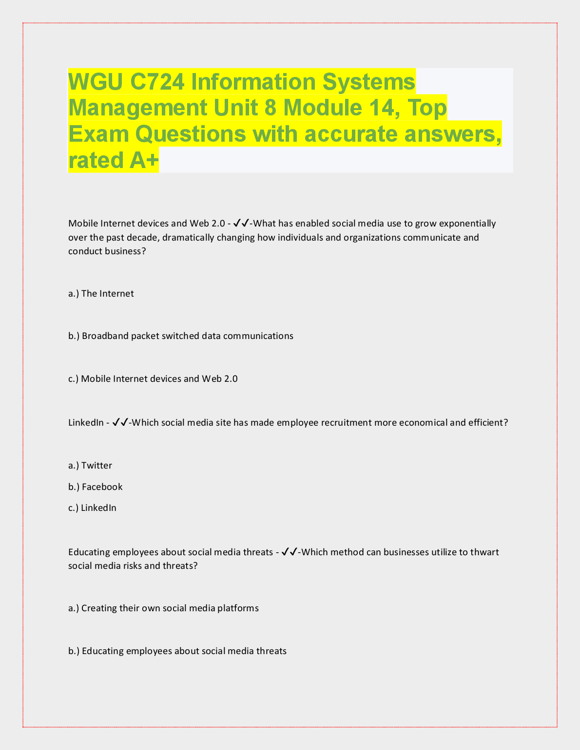 WGU C724 Info Systems Mgmt Unit 8 Mod 14 Exam Prep