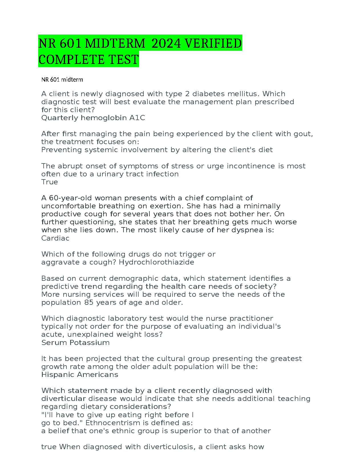 NR 601 Midterm 2024 Verified Exam Guide