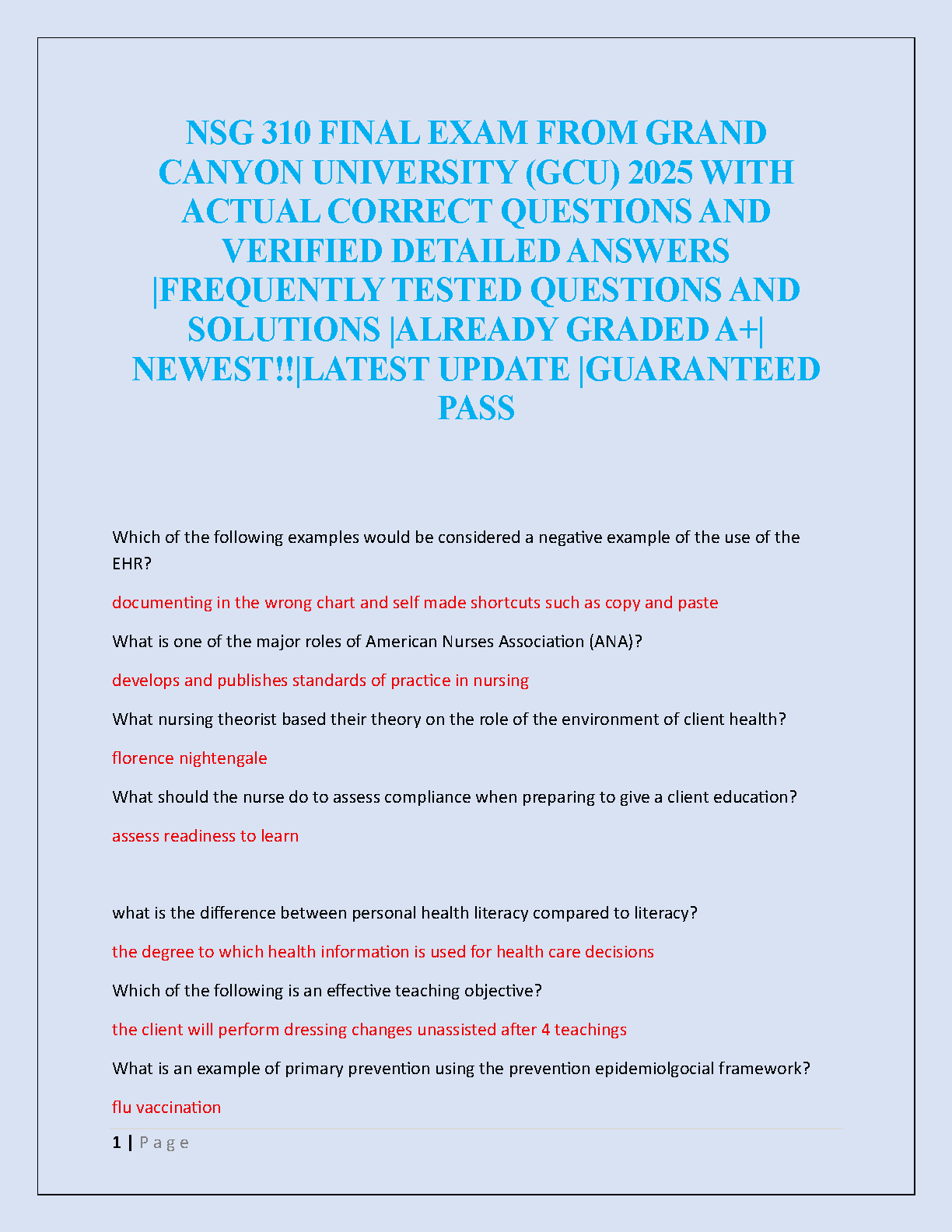 GCU NSG 310 Final Exam Test Bank 2026/2027 Study Guide IMG-1