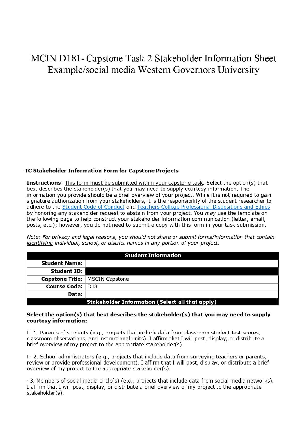 WGU D181 Capstone Task 2 Stakeholder Sheet Guide IMG-1