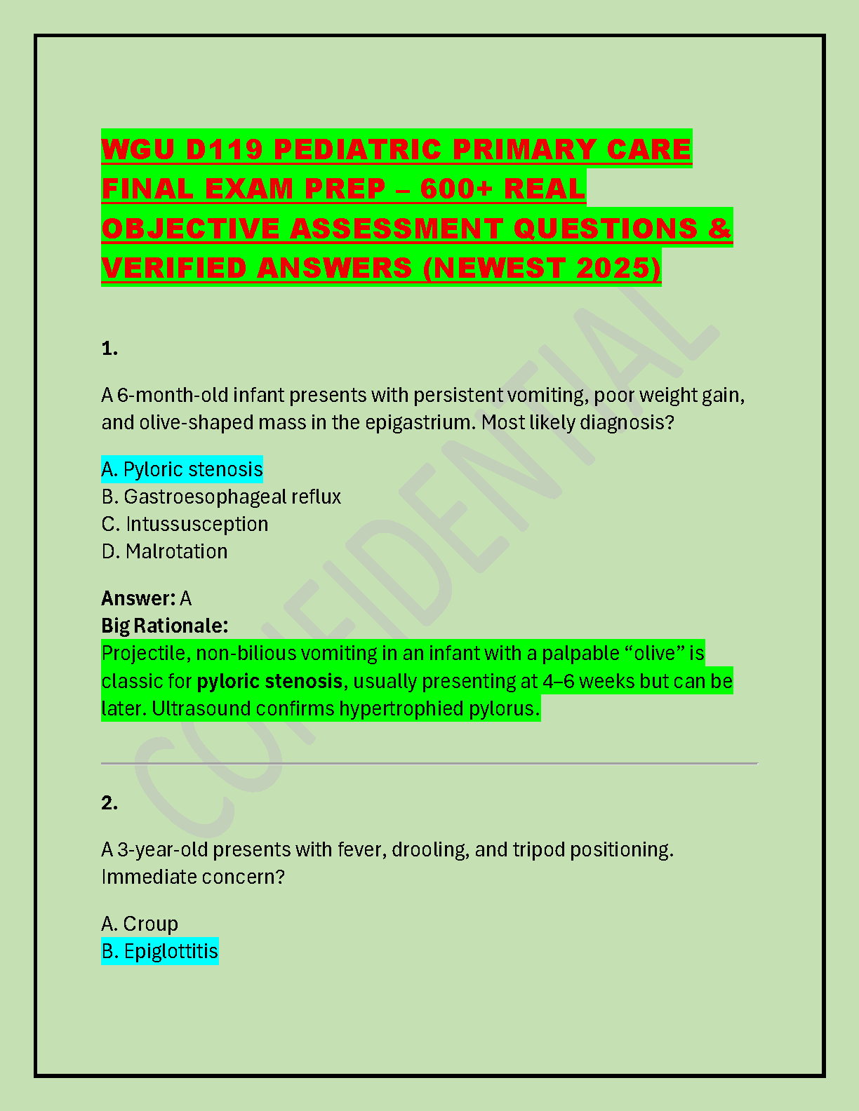WGU D119 Pediatric Primary Care Exam Test Bank