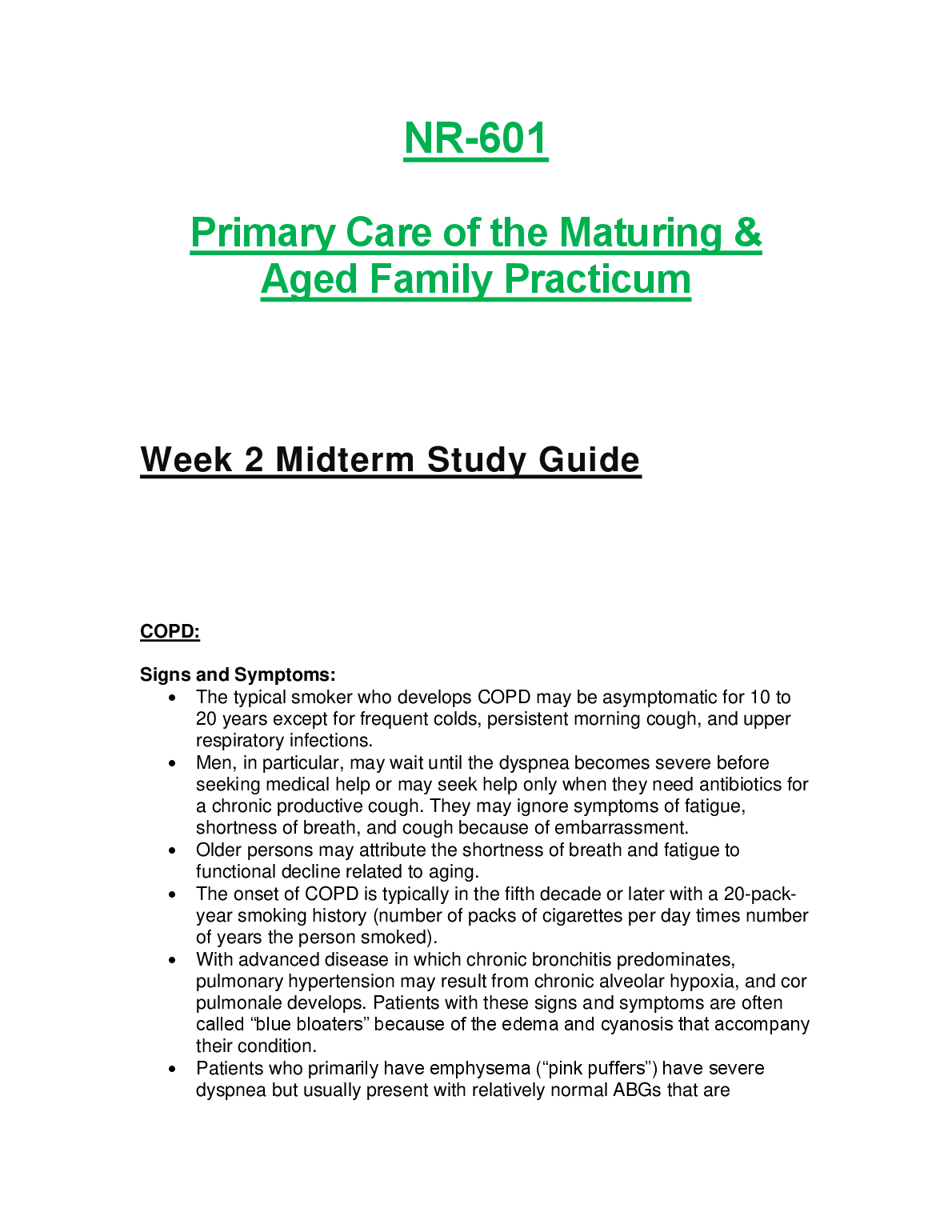 NR 601 Week 2 Midterm Study Guide COPD Nursing 2023