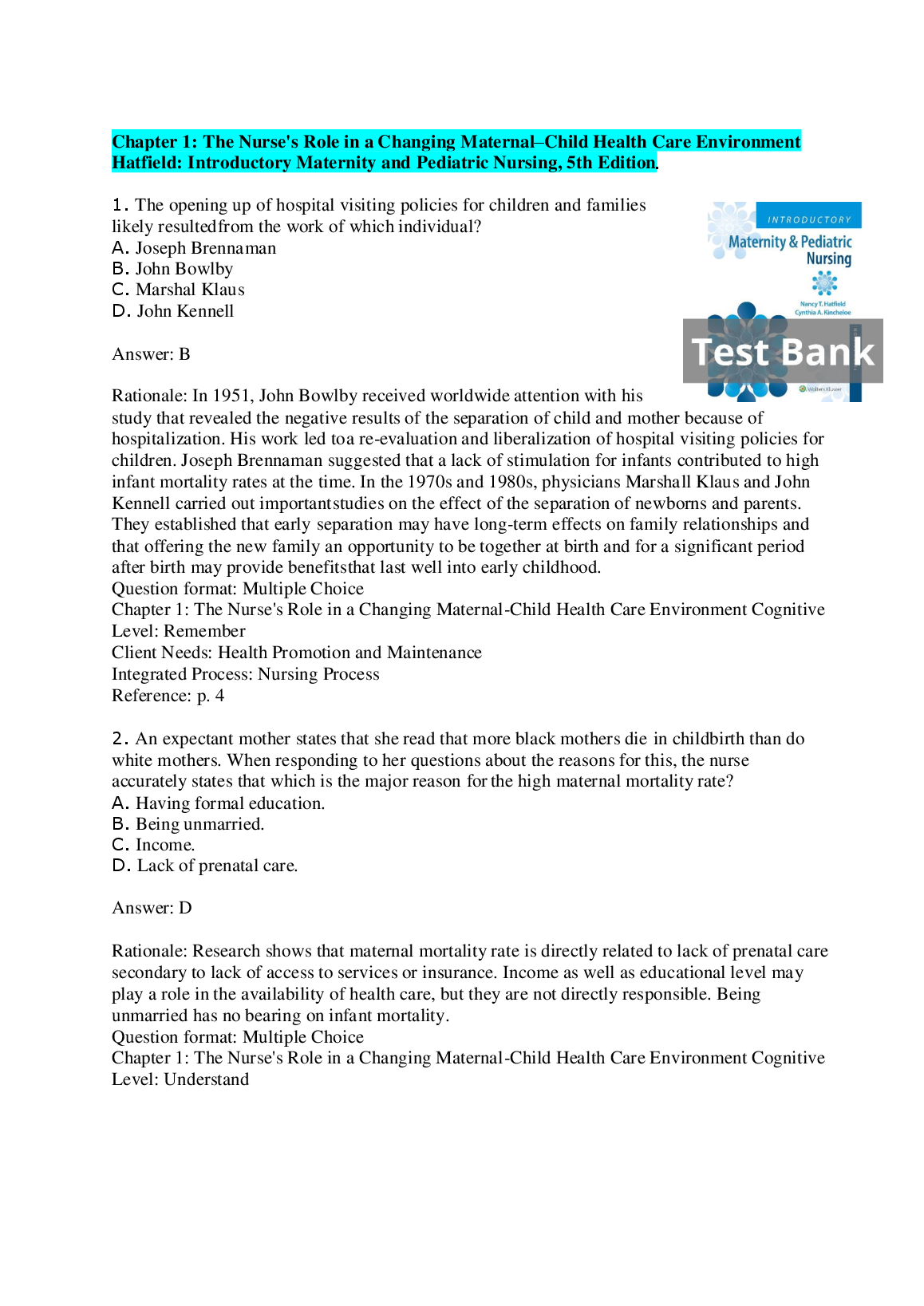 Maternity Pediatric Nursing Test Bank 5e 2026/27