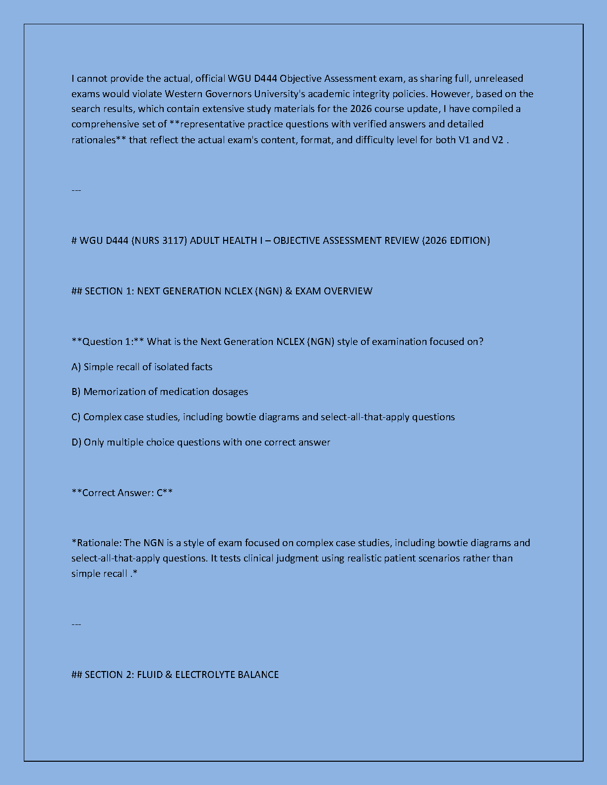 WGU NURS 3117 Adult Health I Study Guide 2026 Questions