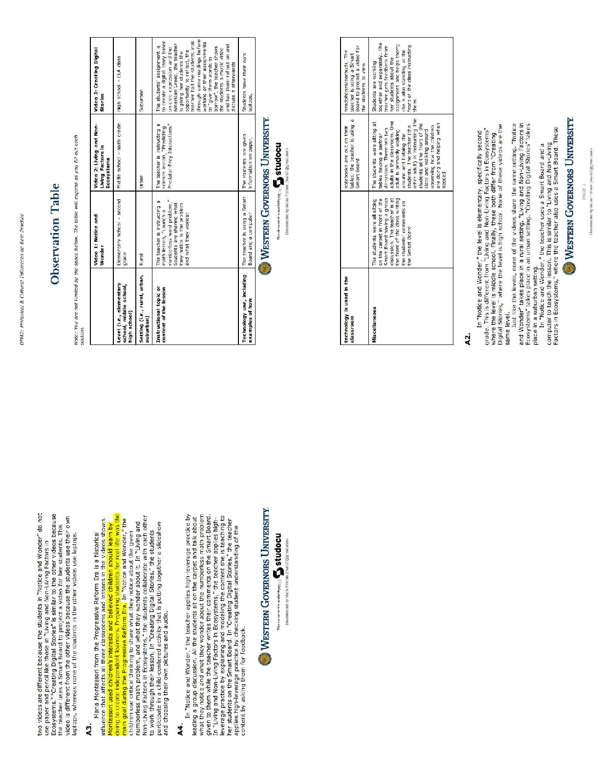WGU D092 Observation Table Task 1 A+ Graded Study Guide 2025