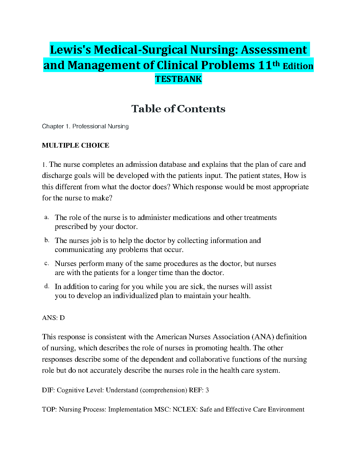 Lewis Med Surg Nursing Test Bank 2026/27 Edition