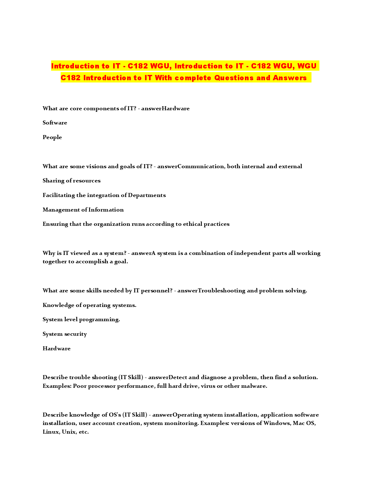 WGU C182 Intro to IT Questions & Answers Study Guide