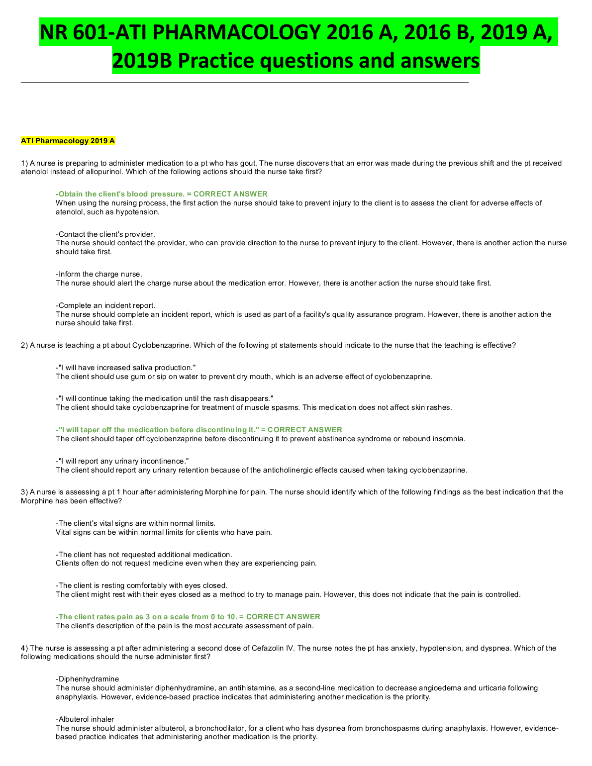 NR 601 ATI Pharmacology Exam Questions & Answers 2023 Edition
