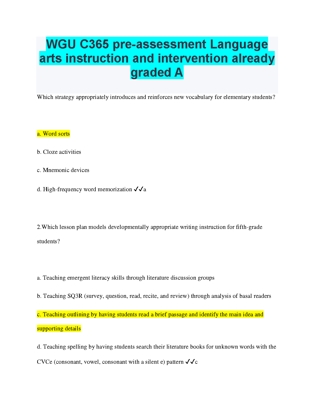 WGU C365 Language Arts Pre-Assessment Graded A Study Guide IMG-1