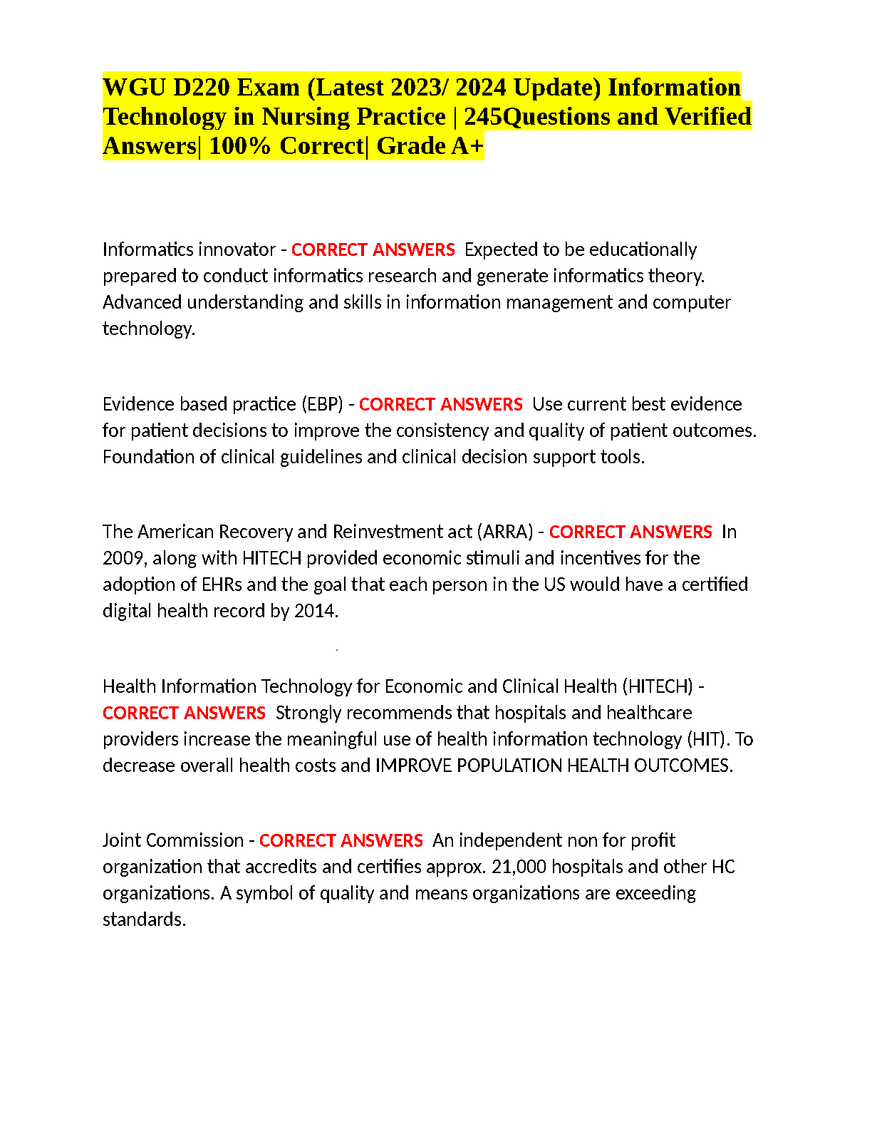 WGU D220 IT in Nursing Test Bank 2025 245 Qs