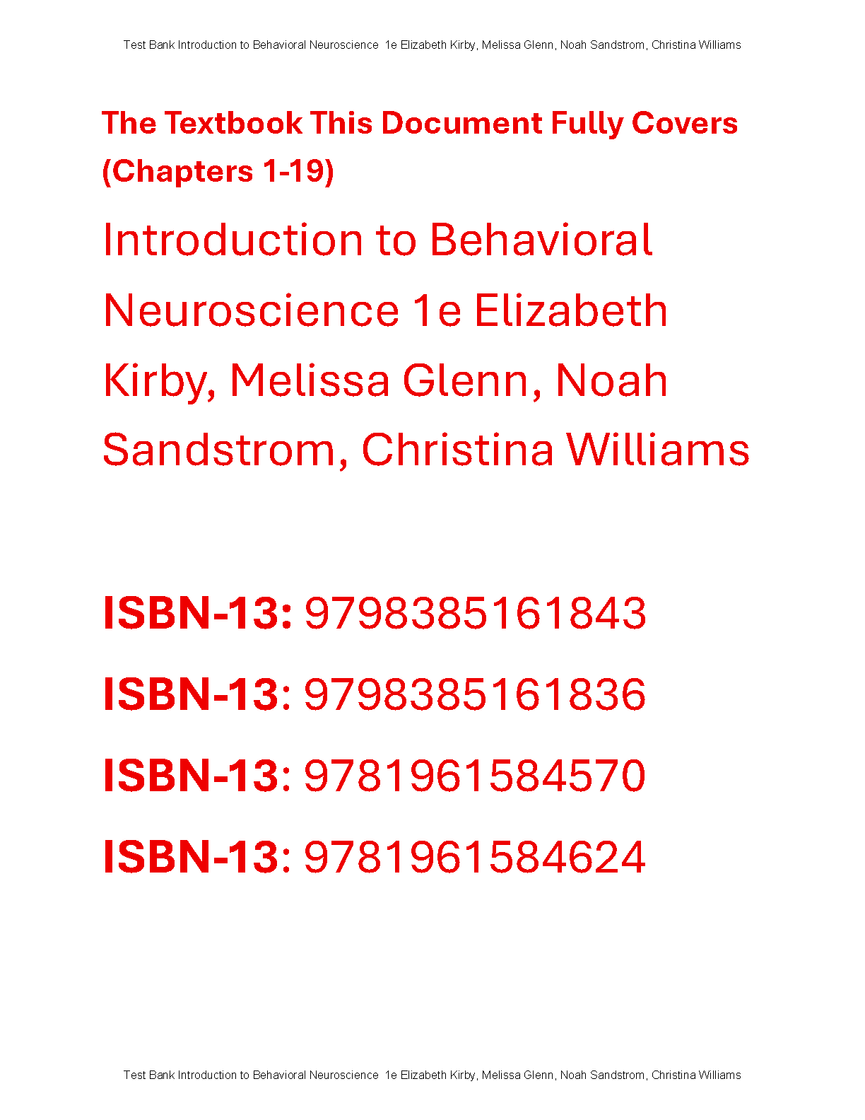 Introduction to Behavioral Neuroscience Test Bank 1e
