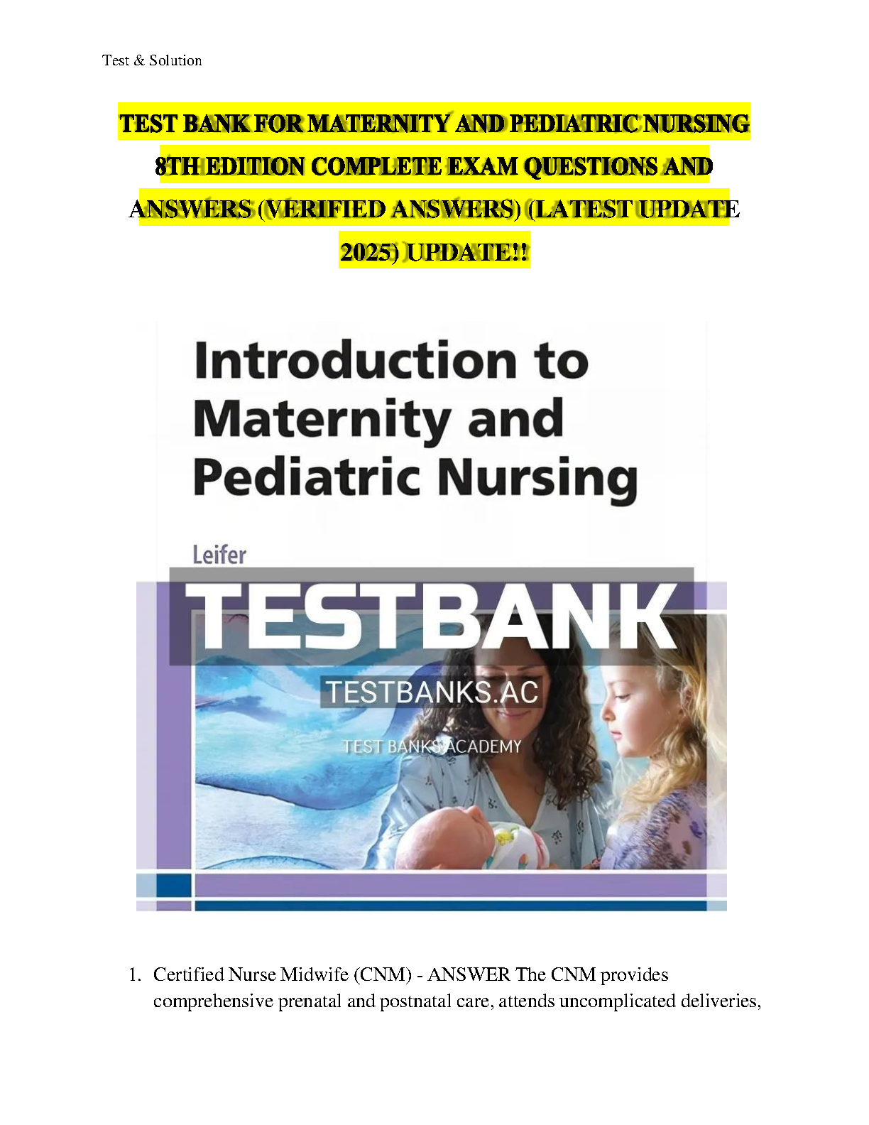 Maternity & Pediatric Nursing Test Bank 8e Leifer 2026