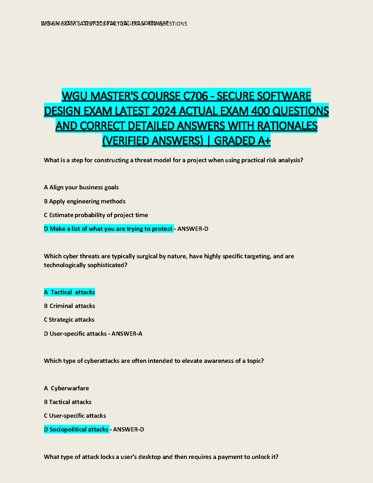 WGU C706 Secure Software Design Exam Questions 2024