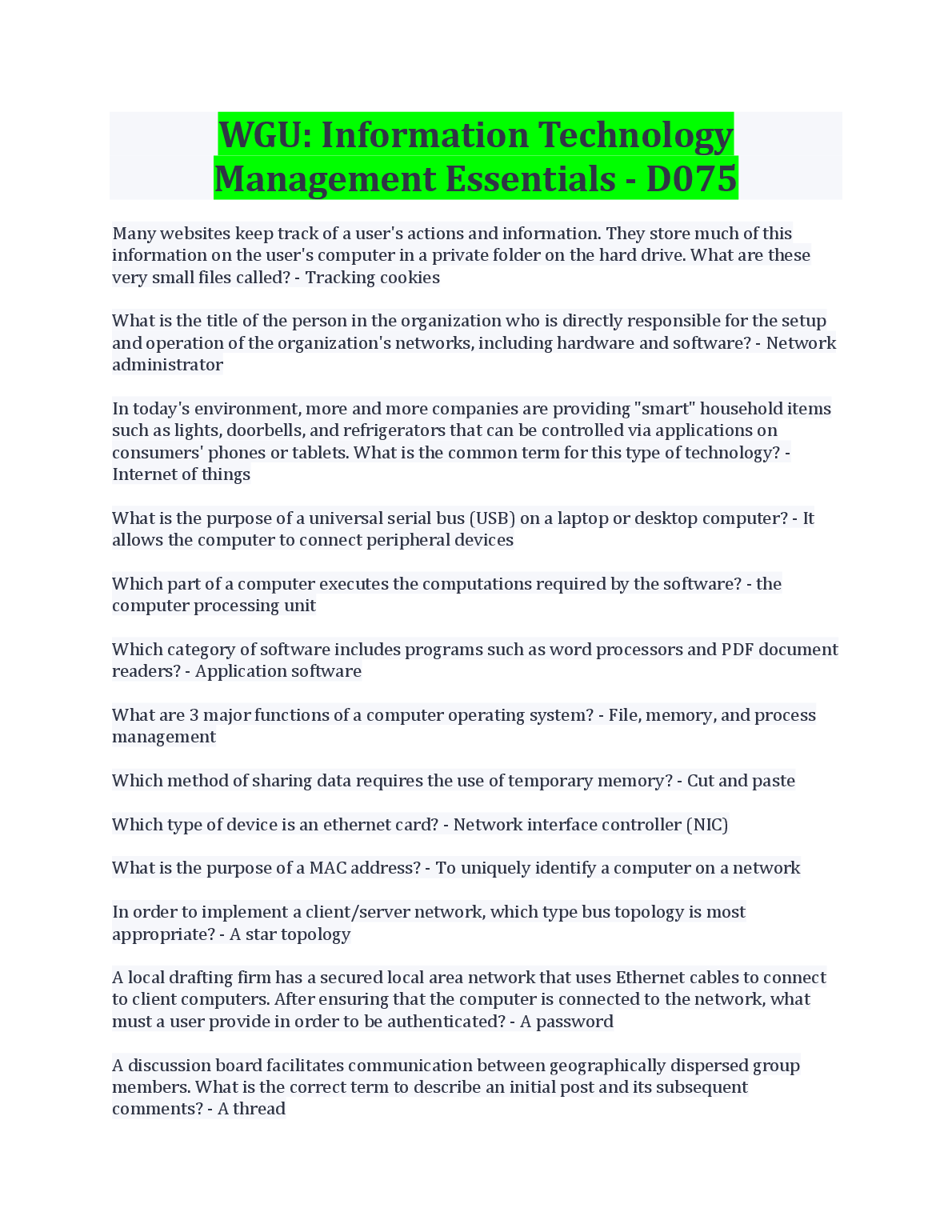 WGU C105 IT Management D075 Study Guide 2024-2025