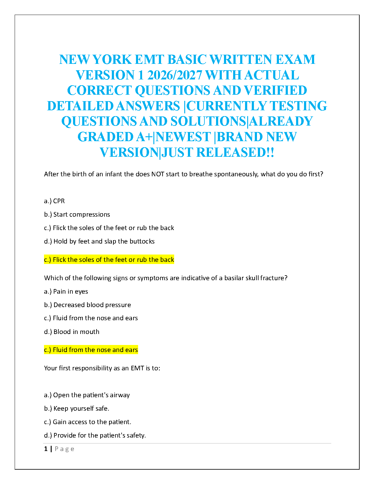 NY EMT Basic Exam Questions 2025 AAOS 12th Edition Study Guide IMG-1