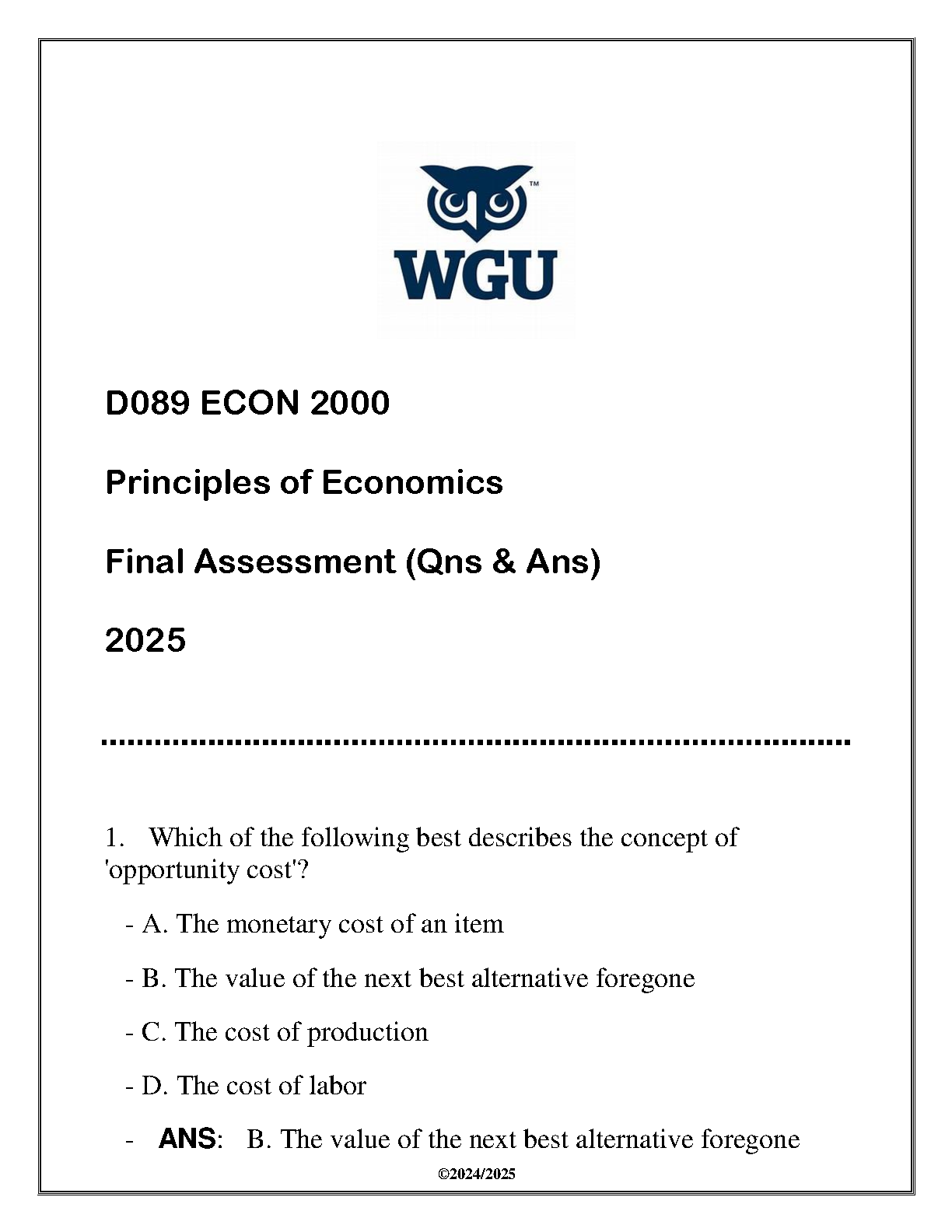 ECON 2000 Final Exam Solutions WGU 2025