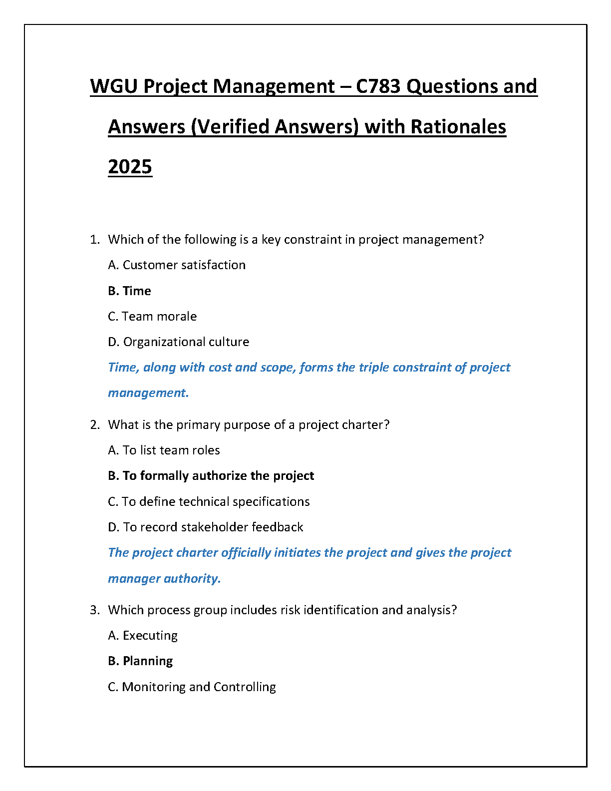 WGU C783 Project Management Q&A Guide 2025 Edition Verified