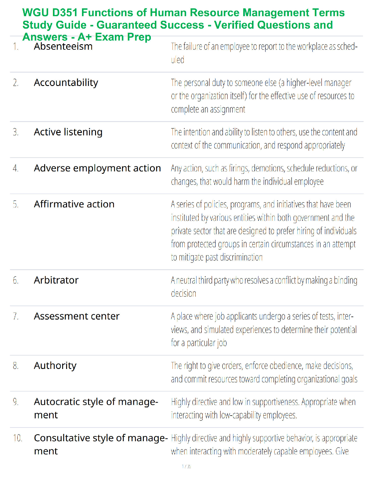 WGU D351 HRM Terms Study Guide Verified Q&A 2026