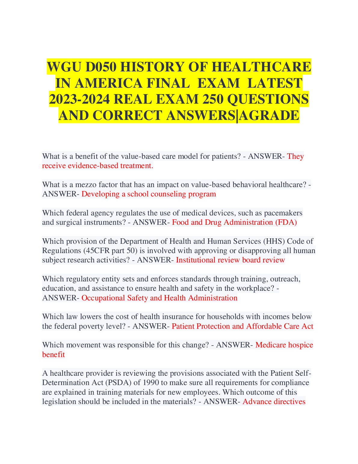 WGU D050 History of Healthcare in America Exam Prep