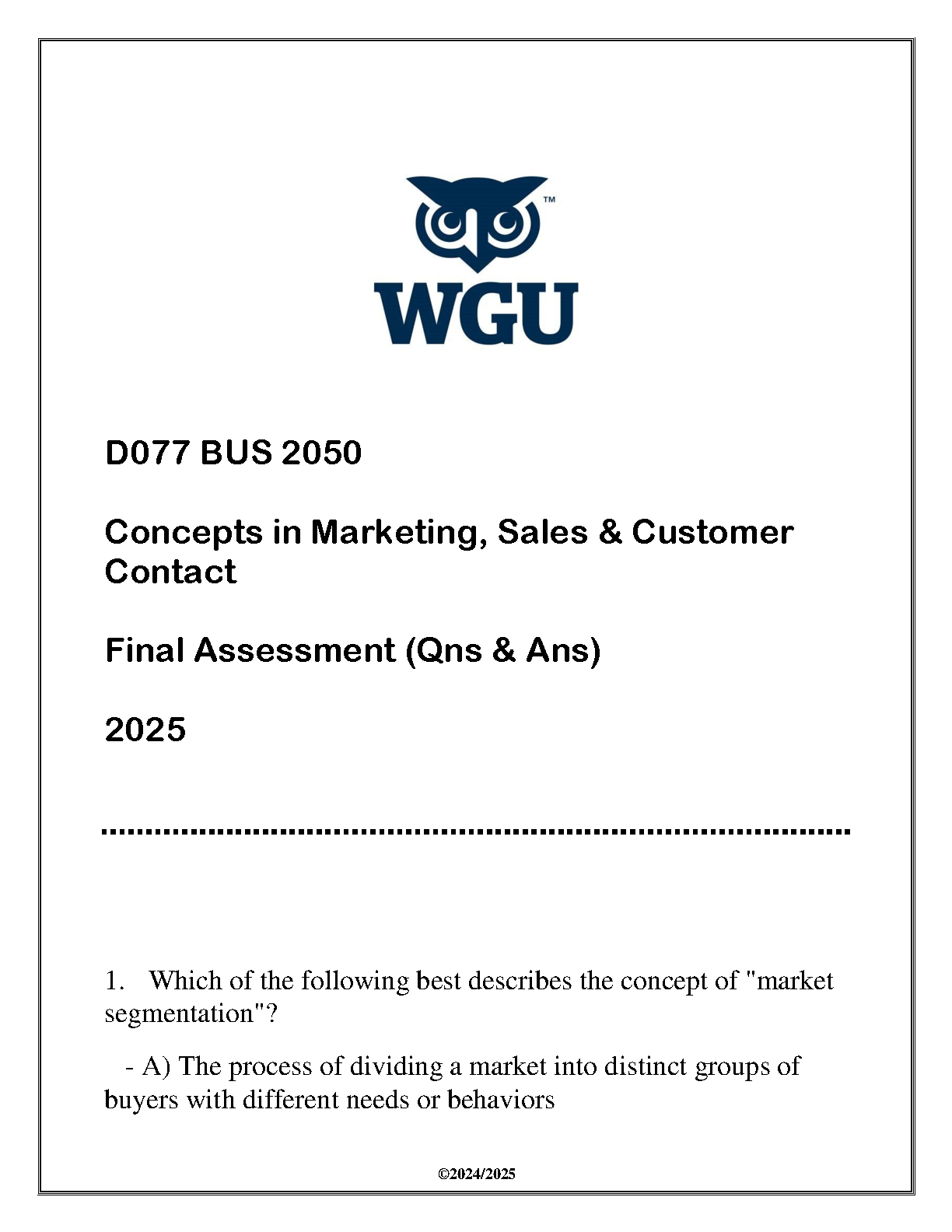 WGU BUS 2050 Final Exam Questions Answers 2025