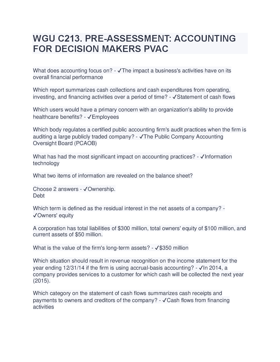 WGU C213 PVAC Accounting Pre-Assessment Study Guide 2024/25
