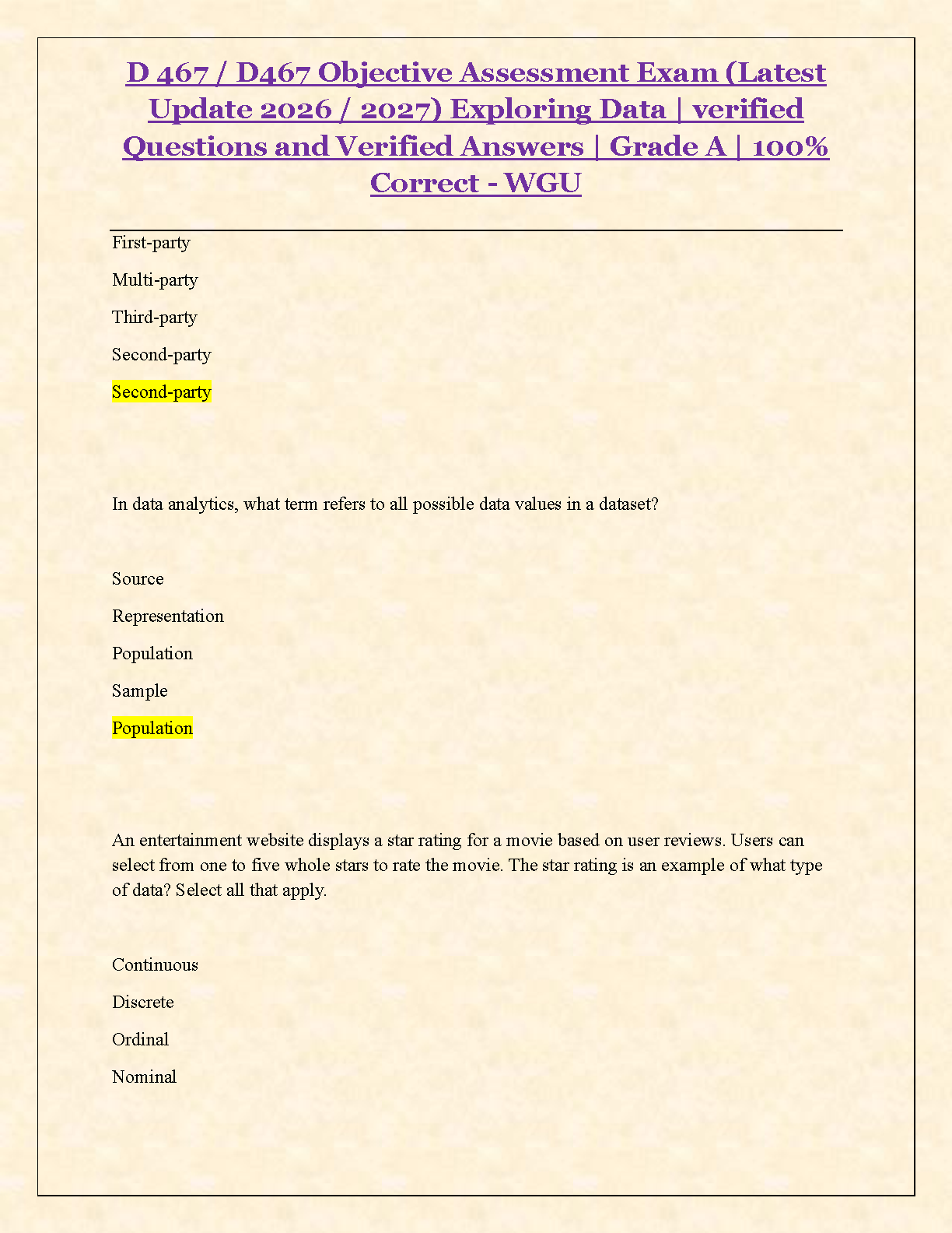 WGU D467 Exploring Data Test Bank 2026 100% Verified Answers