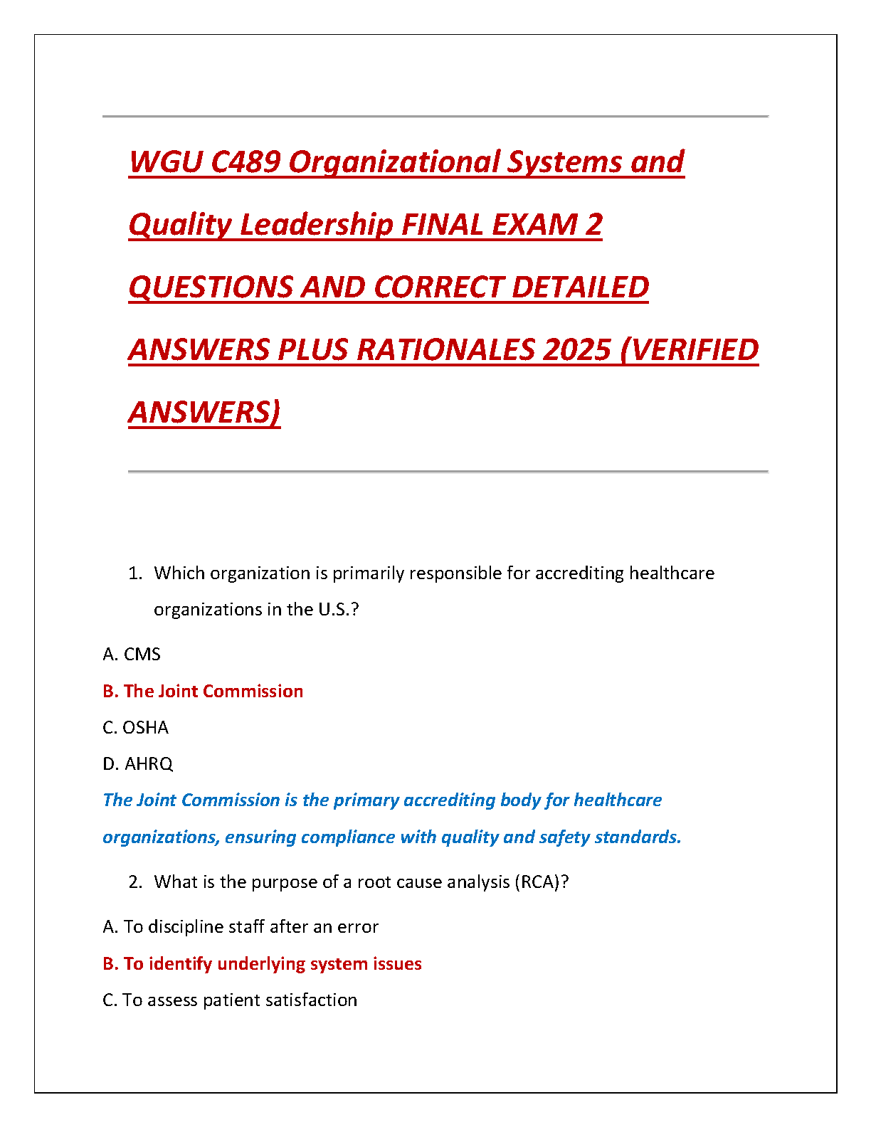 WGU C489 Final Exam Test Bank 2025/2026 with Verified Answers