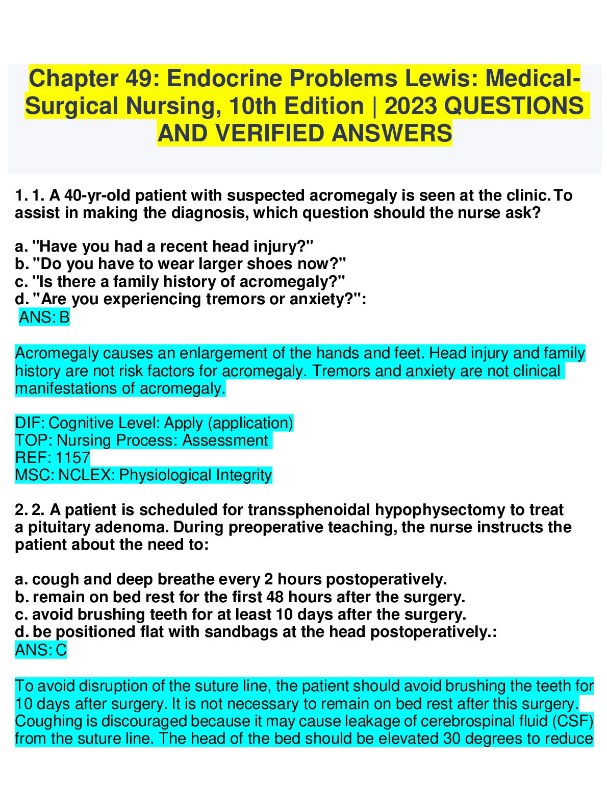 Medical Surgical Nursing Test Bank 2026 Lewis 10th Ed