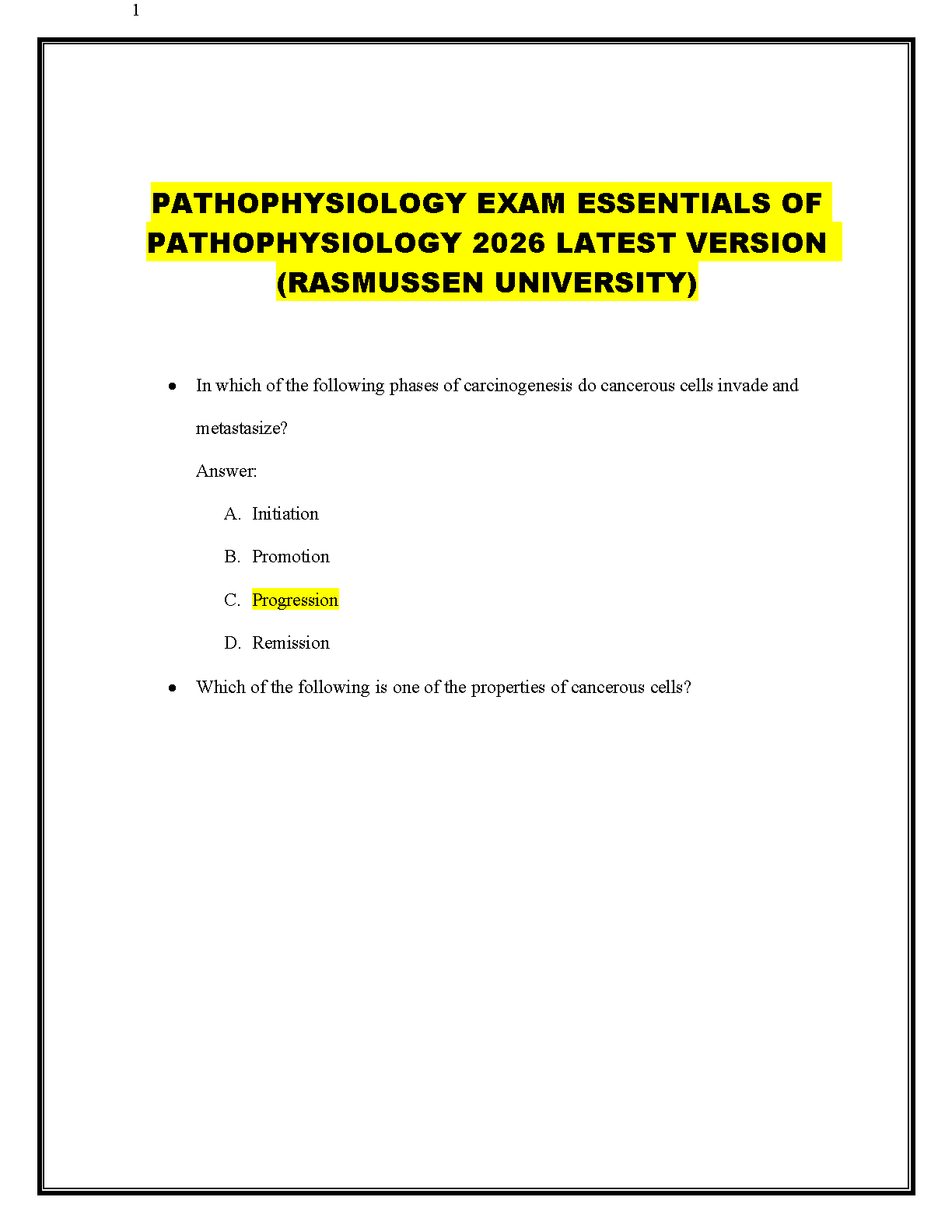 Pathophysiology 2026 Test Bank by Carol Porth | Rasmussen U