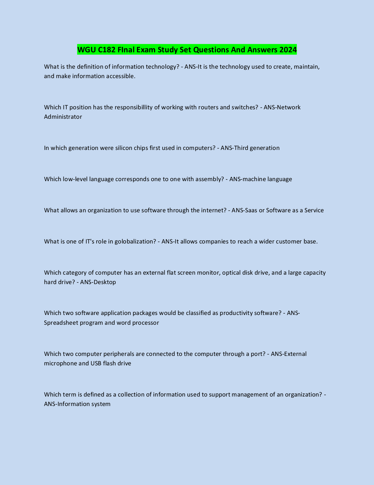 WGU C182 Final Exam Study Set Q&A 2024 | First Attempt Success