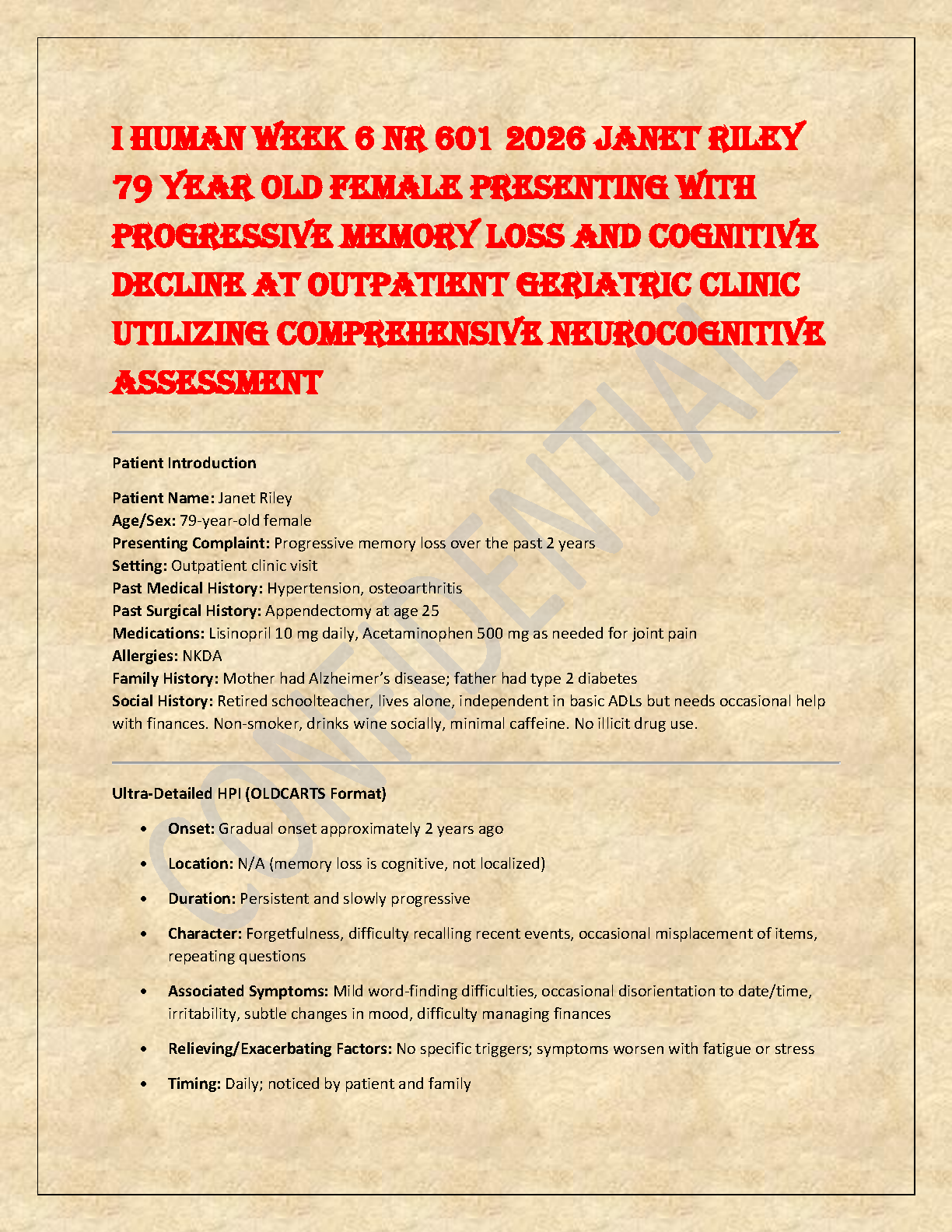 NR 601 Janet Riley Case Study Memory Loss Exam Prep