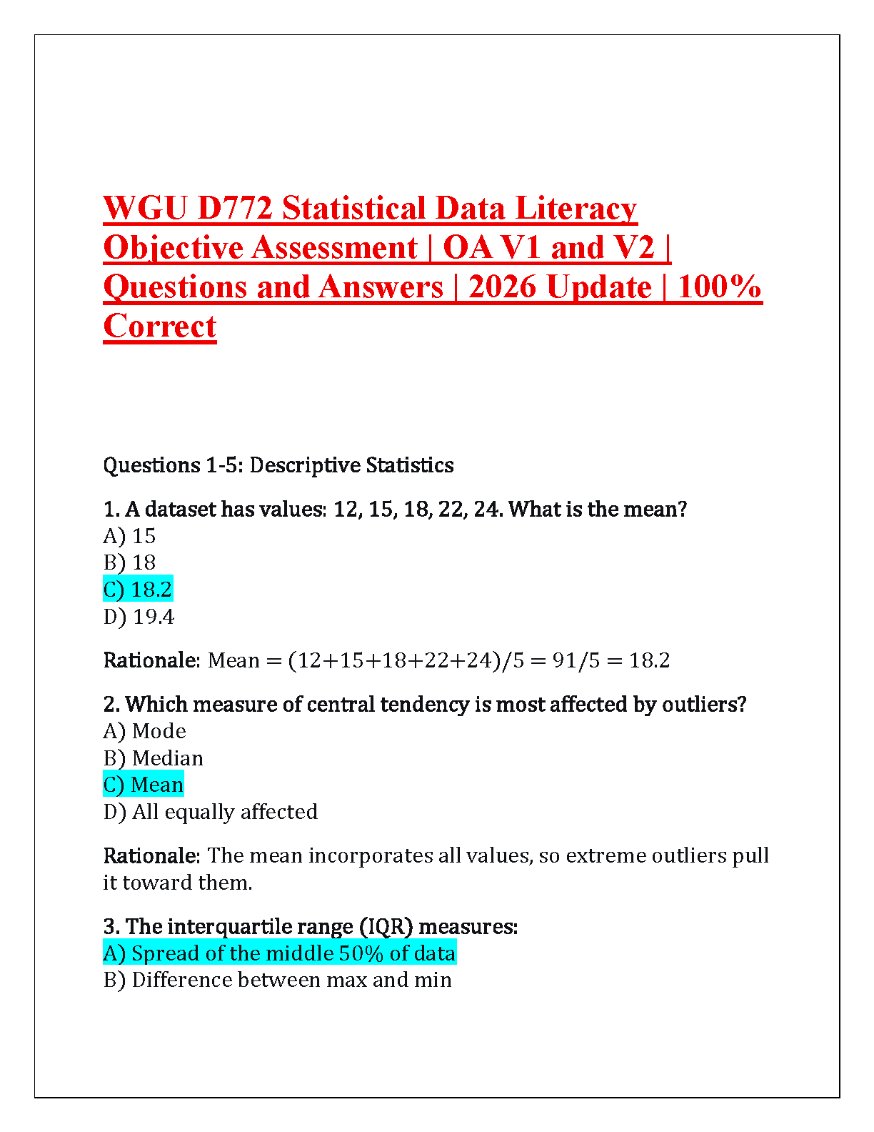 WGU D772 Statistical Data Literacy OA Test Bank