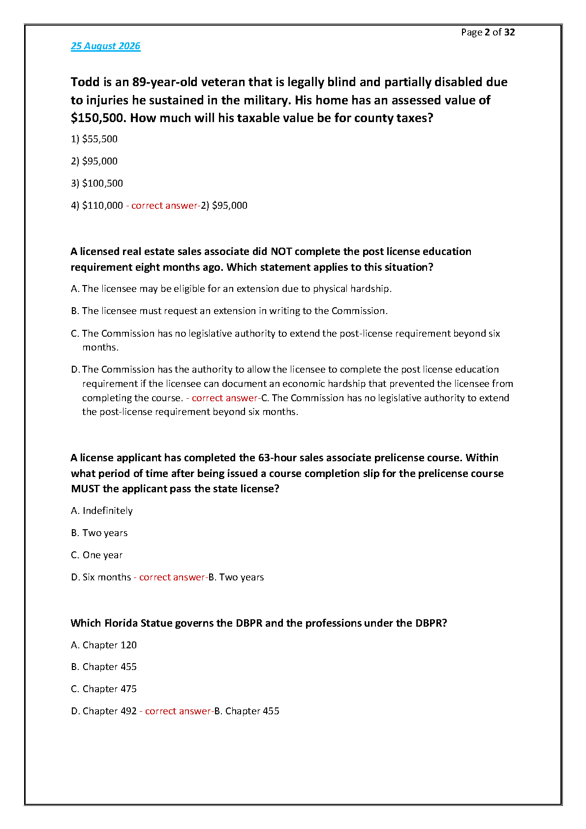 Florida Real Estate Exam Prep Test Bank & Solutions