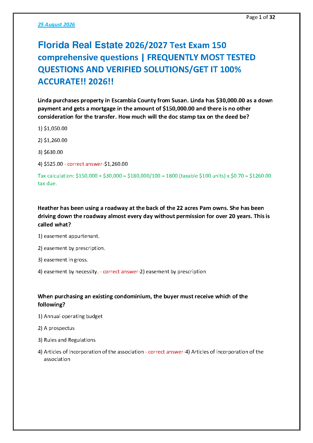 Florida Real Estate Exam Prep Test Bank & Solutions