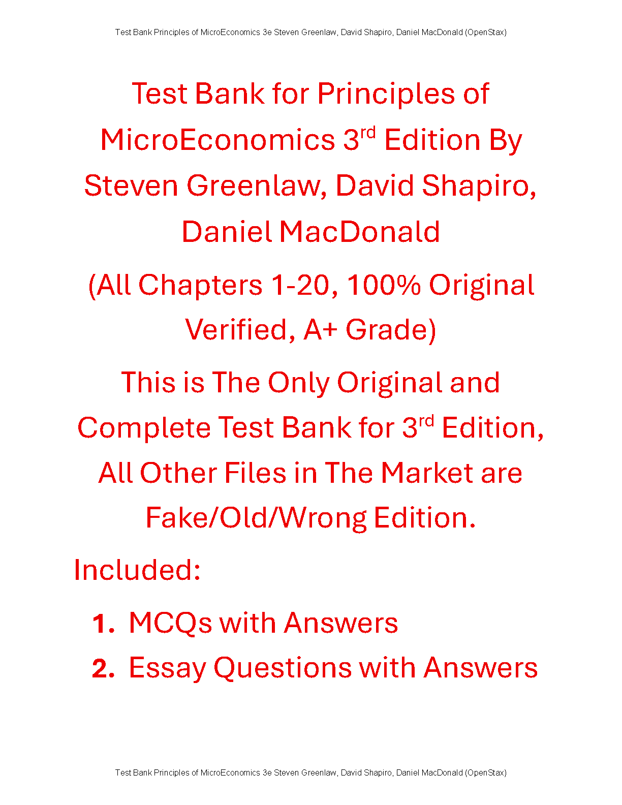 Microeconomics Test Bank Greenlaw Shapiro Complete MCQs and Essays