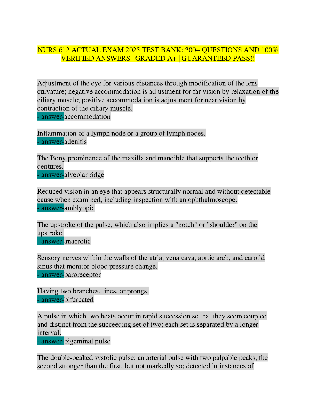 NURS 612 Test Bank 2026/27: 300+ Verified Q&A Study Guide