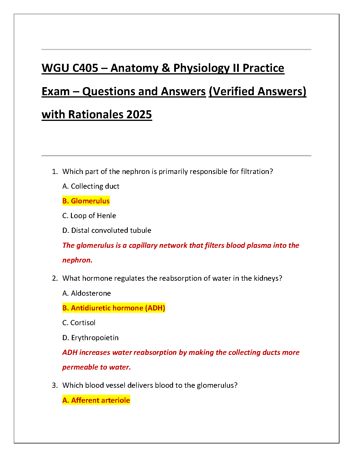 WGU C405 A&P II Practice Exam Qs A 2025