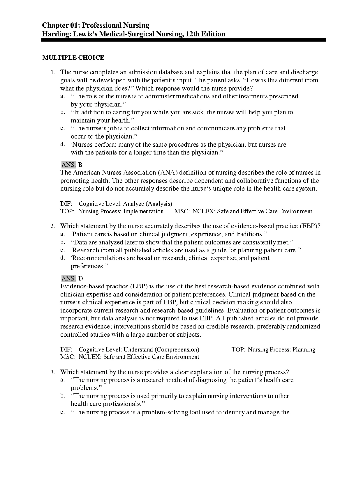 Lewis Med Surg Nursing Test Bank Ch 1-69 | Exam Prep Resource