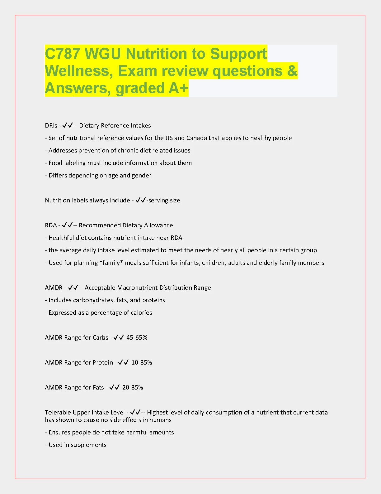 WGU C787 Nutrition to Support Wellness Exam Review