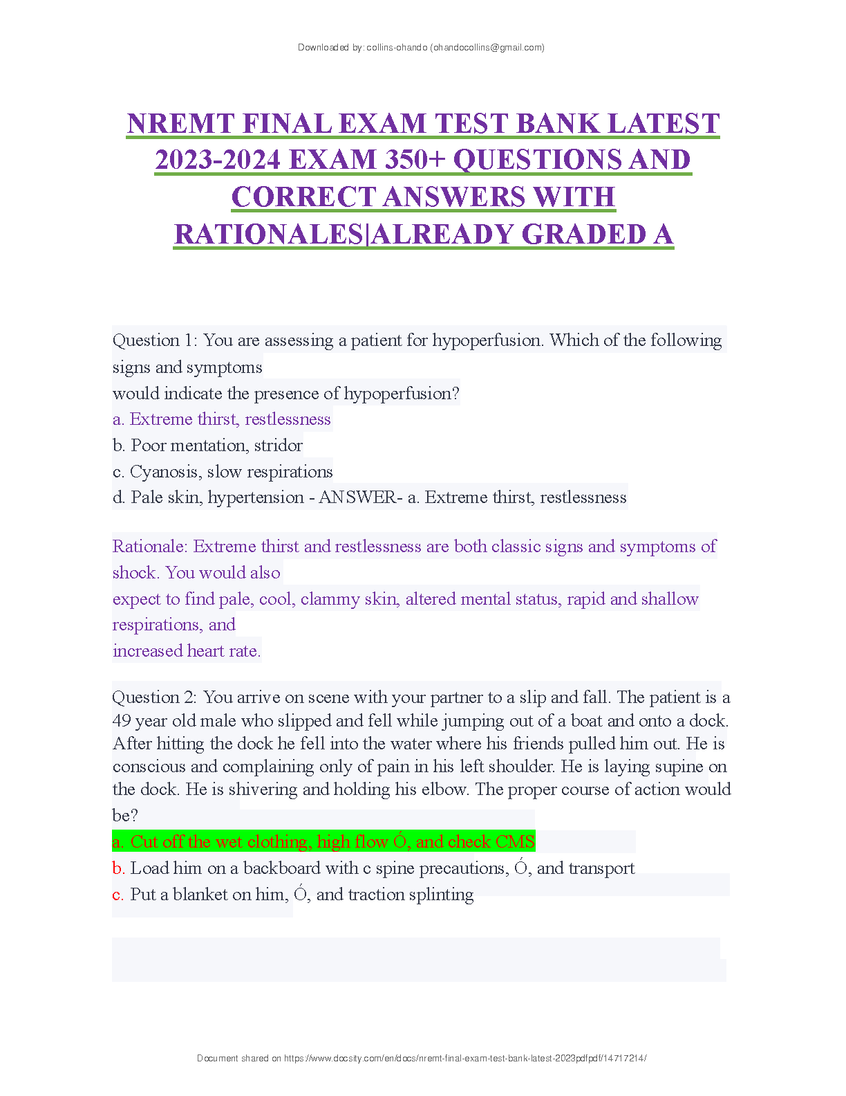 Emergency Care 12e NREMT Test Bank 2026/27 EMT Study Resource