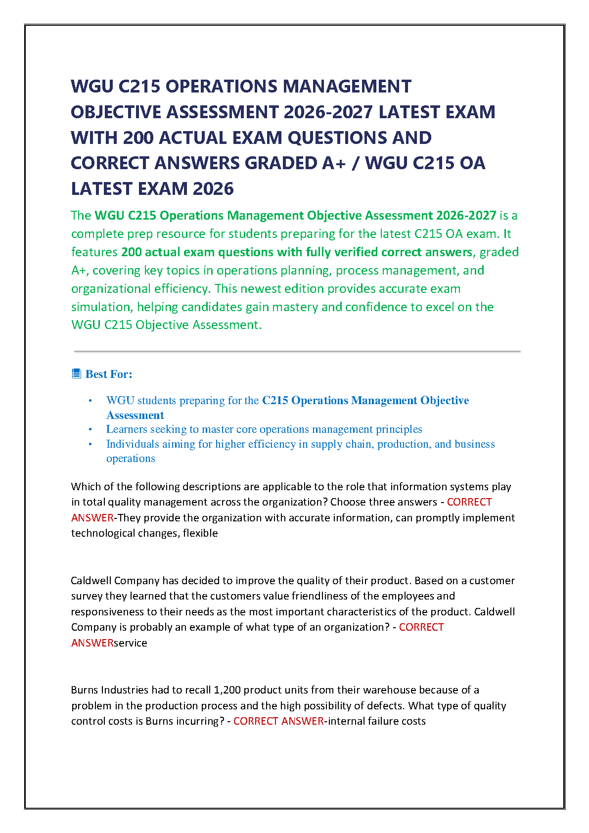 WGU C215 Ops Mgmt Test Bank 2026 - Heizer, Render & Munson