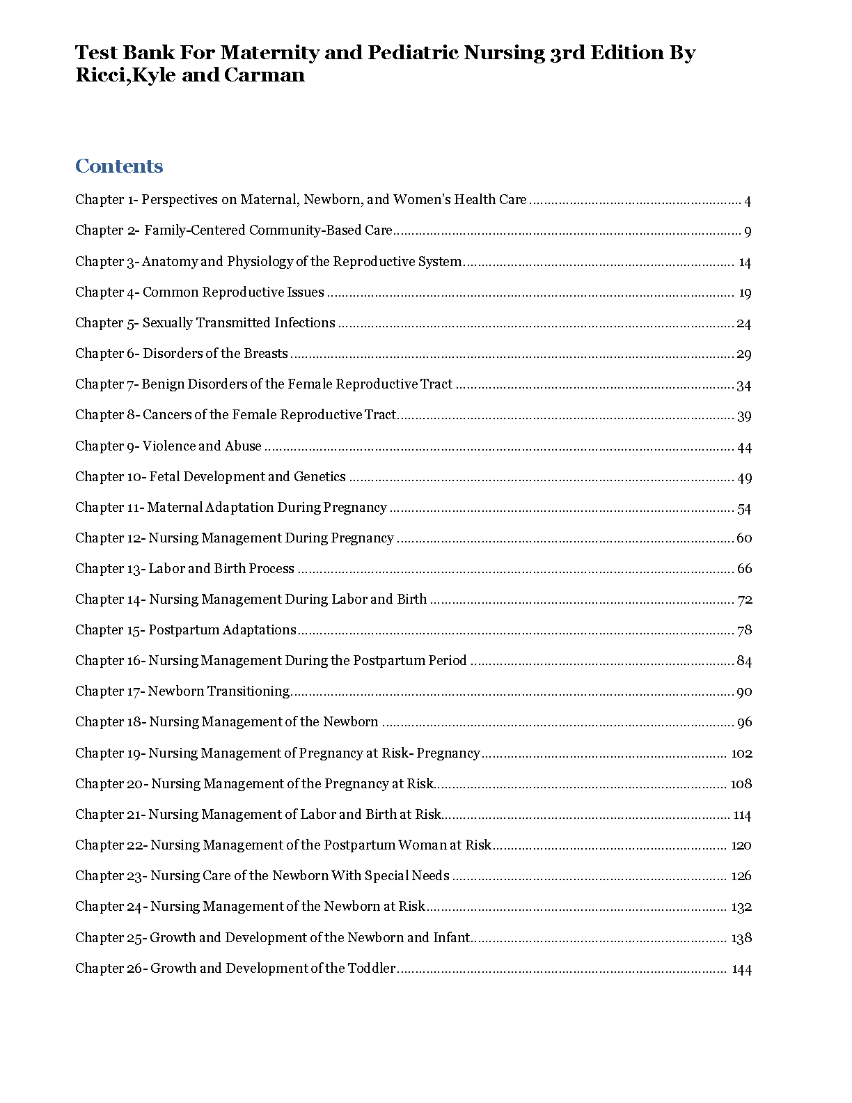 Maternity and Pediatric Nursing 3rd Edition Test Bank