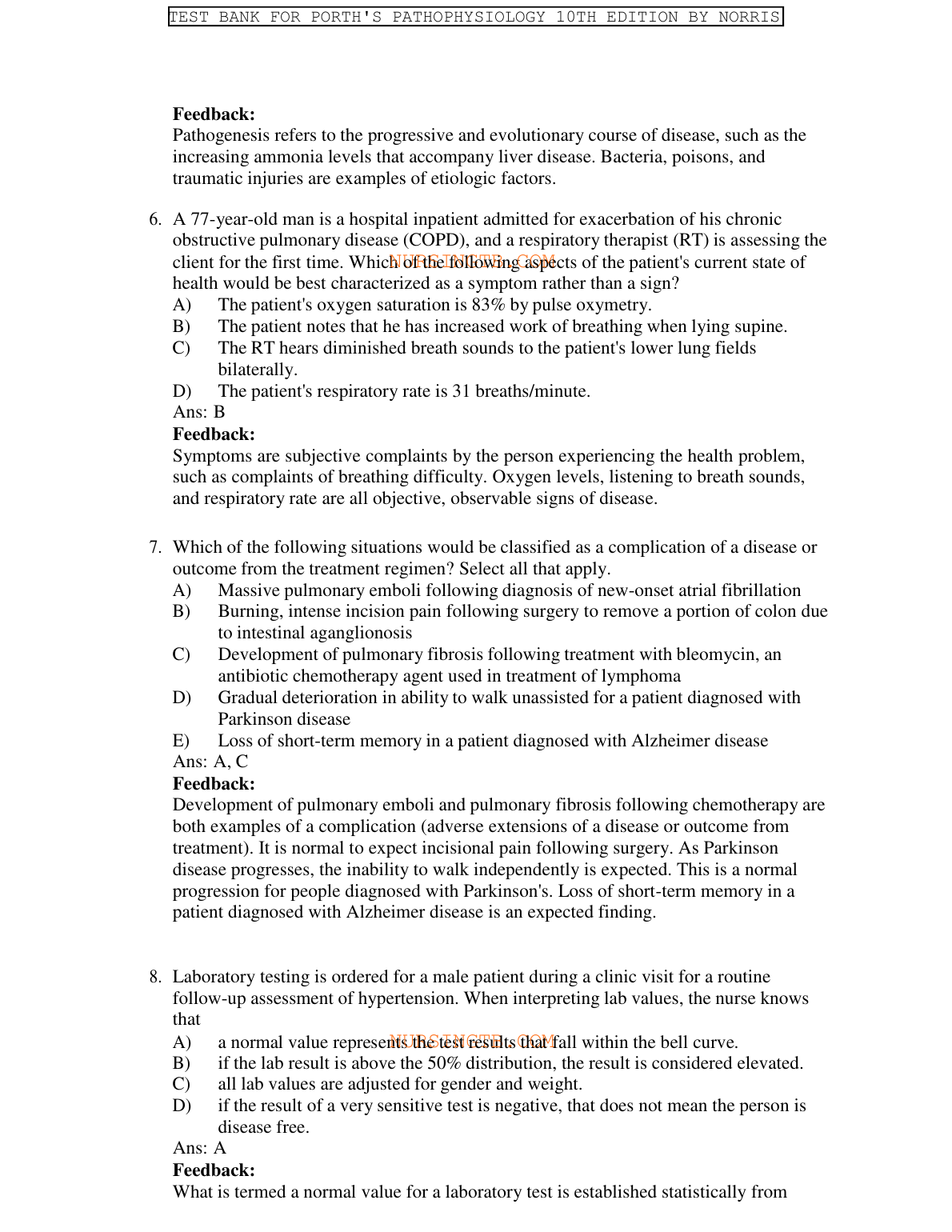 Pathophysiology 10e Test Bank Porth's Norris 2026/27