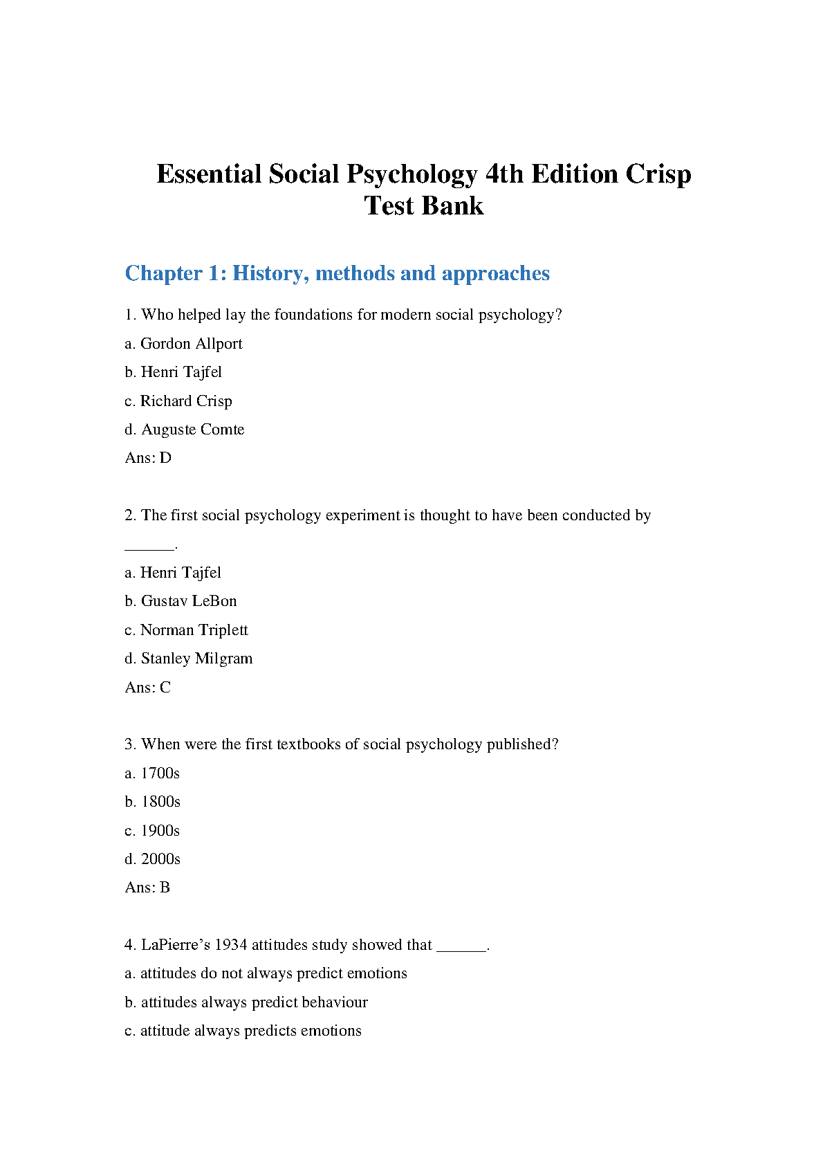 Essential Social Psychology 4th Edition Test Bank