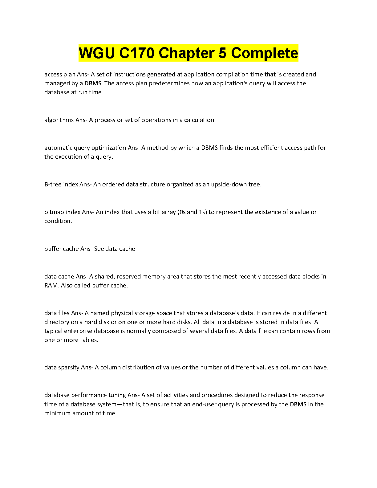 WGU C170 Ch5 Database Performance and Indexes Study Guide